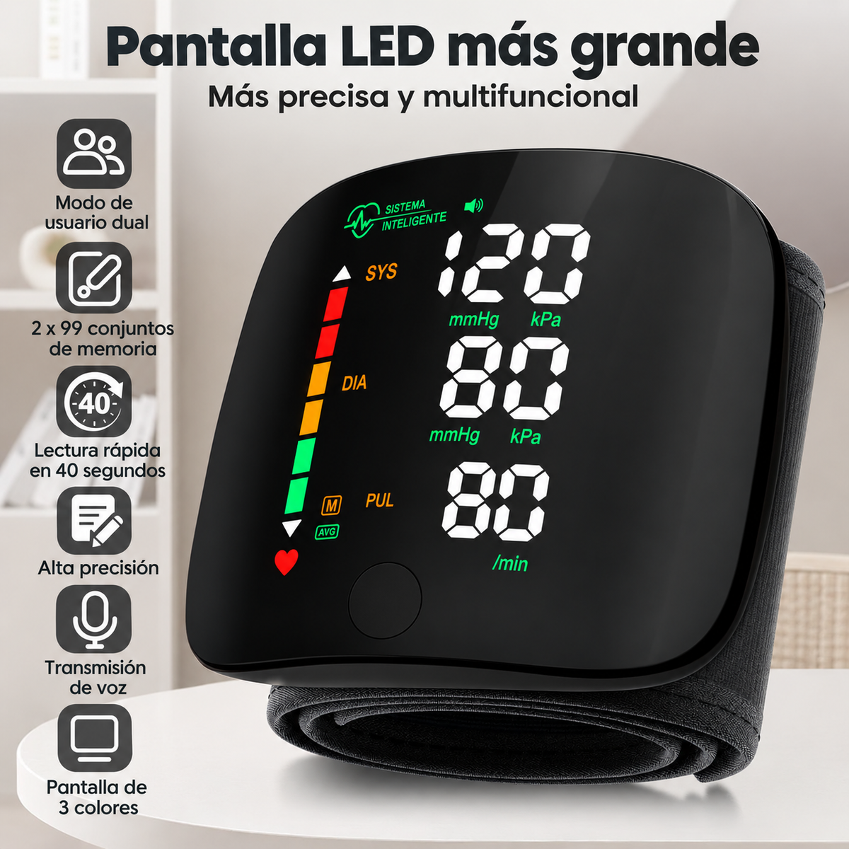 Monitor de Presión Digital de Muñeca: Pantalla Táctil, Voz en Español y Recargable USB C